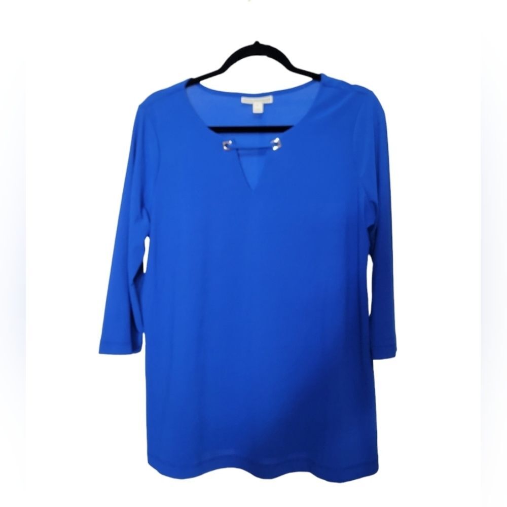 Dana Buckman blue tunic blouse size L 3/4 sleeves Polyester blend *